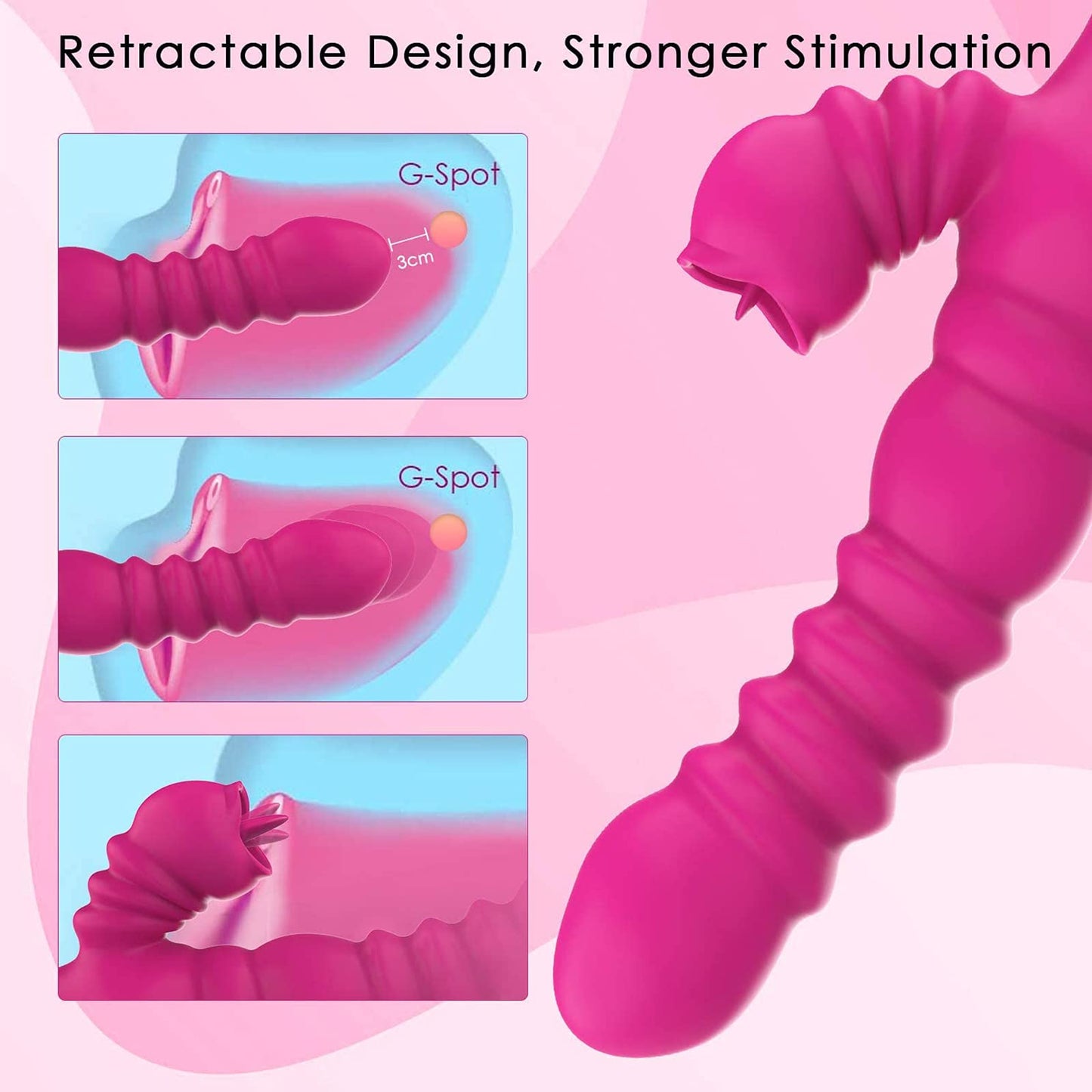 Thrusting Rabbit Vibrator for Clitoris & G-spot, Silicone Tongue Licking Rotating Dildo with 7 Vibration and 3 Telescopic Modes, Bunny Personal Sex Toys for Women Couples, Waterproof Rechargeable