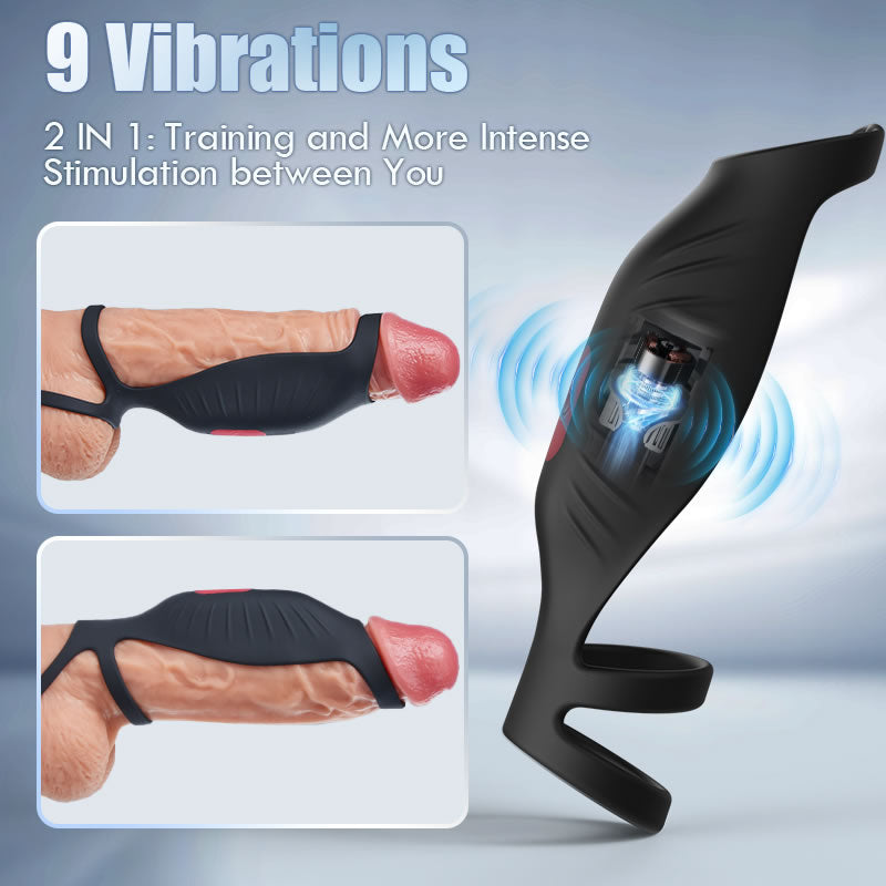 SemenSentry - 9 Vibrating Cock Ring and Penis Sleeve 2 IN 1 Male Vibrator for Couples