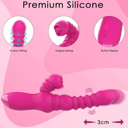 Thrusting Rabbit Vibrator for Clitoris & G-spot, Silicone Tongue Licking Rotating Dildo with 7 Vibration and 3 Telescopic Modes, Bunny Personal Sex Toys for Women Couples, Waterproof Rechargeable